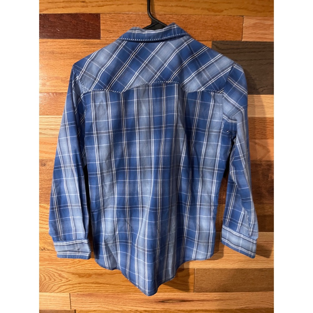 Wrangler Boys Size L 10-12 Blue Plaid Western Snap Shirt Long Sleeve Pearl Snap - Picture 3 of 6
